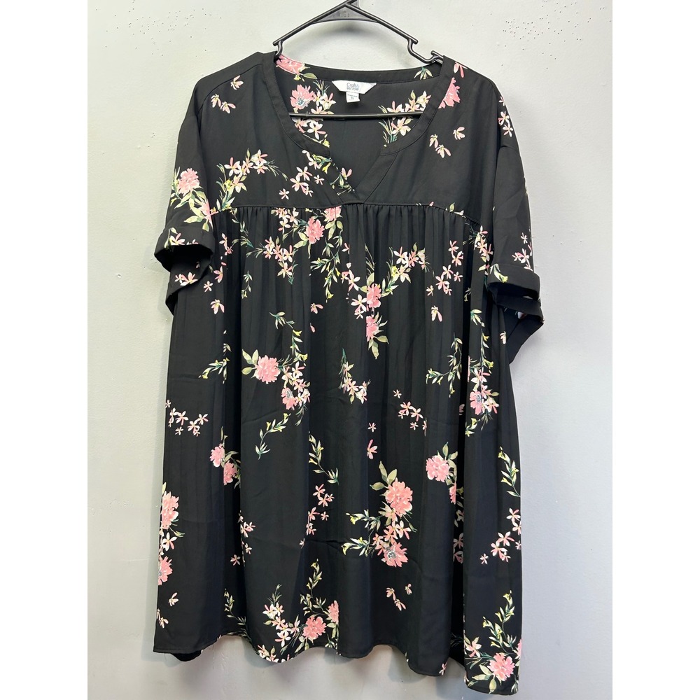 Croft & Barrow Blouse Womens 3X Black Floral Babydoll Empire Waist V-Neck‎ Dark